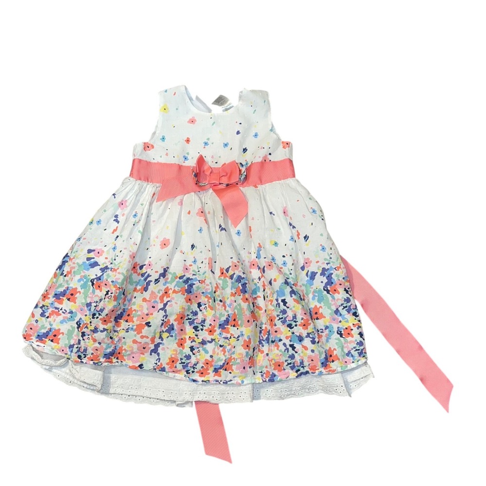 Blueberi Boulevard Dress 4T Girls Floral Swiss Dot Dress Pink Sash Bow White